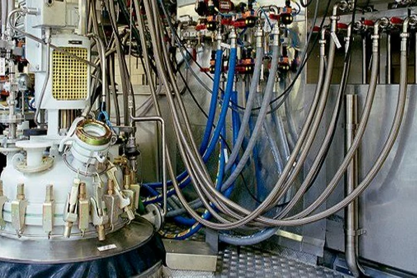 FDA approved PTFE hose assembly with sanitary tri clamp fittings used in pharmaceutical fluid transfer